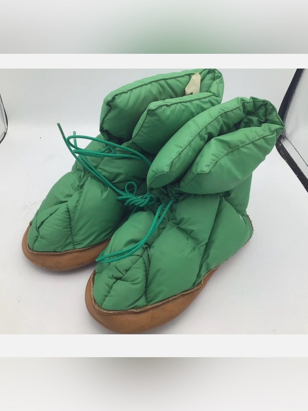 Vintage Eddie Bauer Puffer Goose Down Camp Slippers Size Small Green